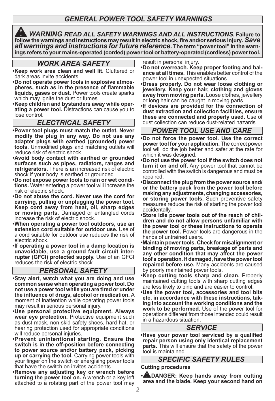 General power tool safety warnings warning, Personal safety work area safety electrical safety, Power tool use and care | Service, Specific safety rules | Milwaukee Tool 6470-21 User Manual | Page 2 / 36