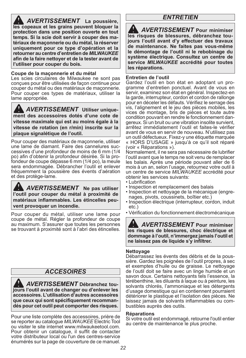 Avertissement, Accesoires avertissement, Entretien | Milwaukee Tool 6470-21 User Manual | Page 22 / 36