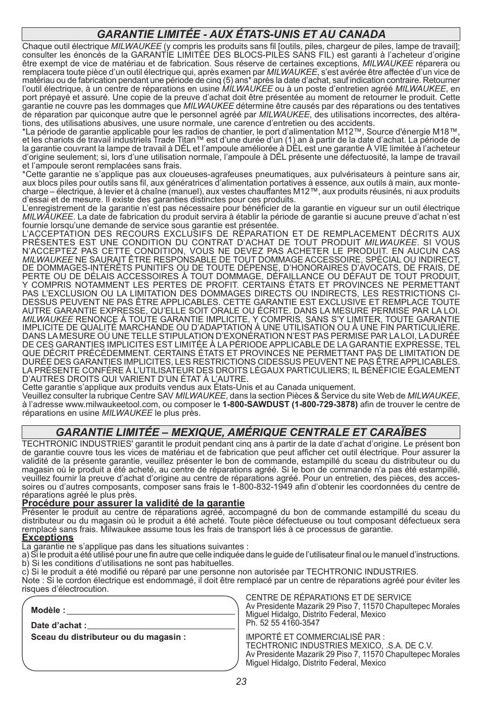 Garantie limitée - aux états-unis et au canada | Milwaukee Tool 6470-21 User Manual | Page 23 / 36