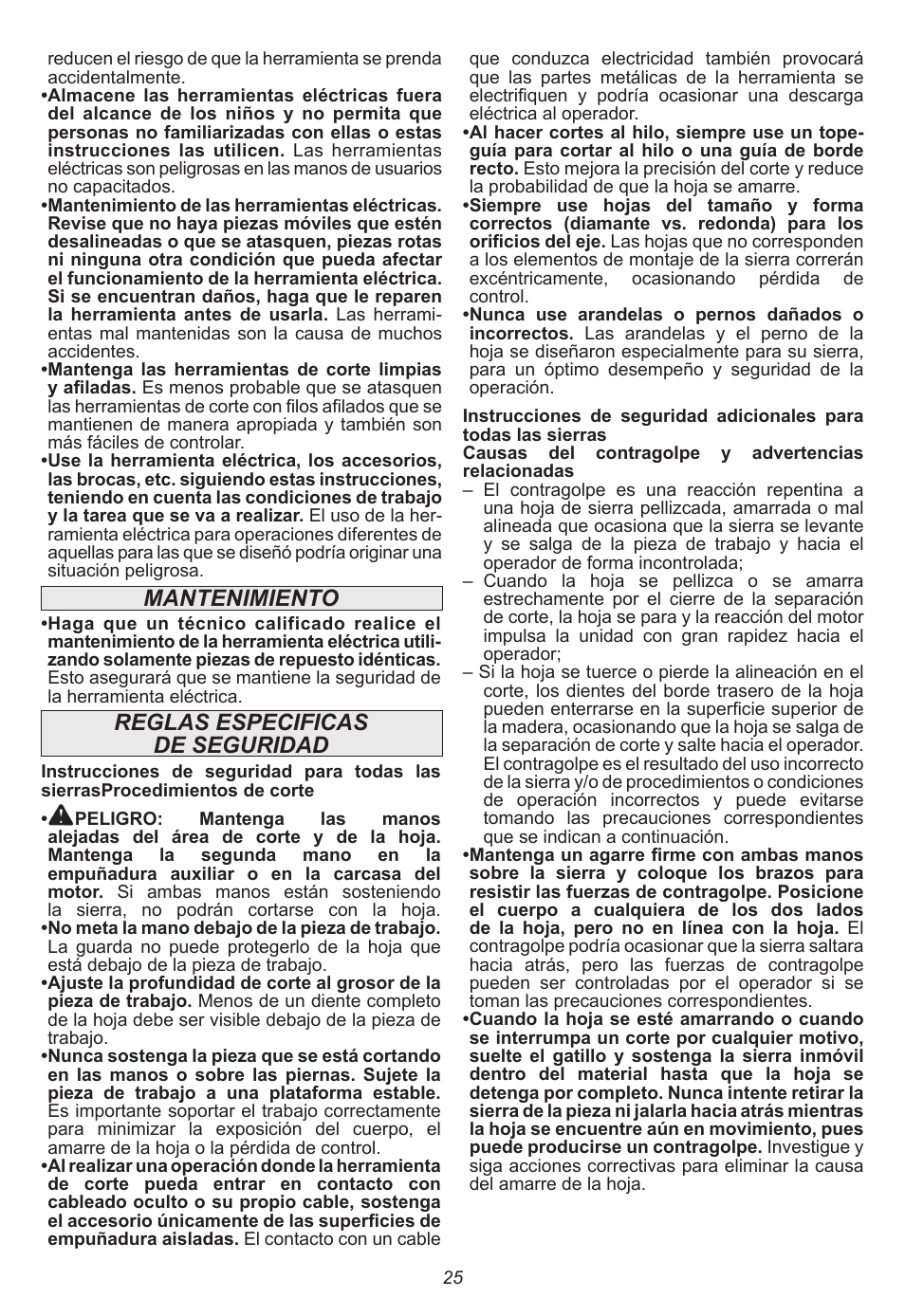 Mantenimiento, Reglas especificas de seguridad | Milwaukee Tool 6470-21 User Manual | Page 25 / 36