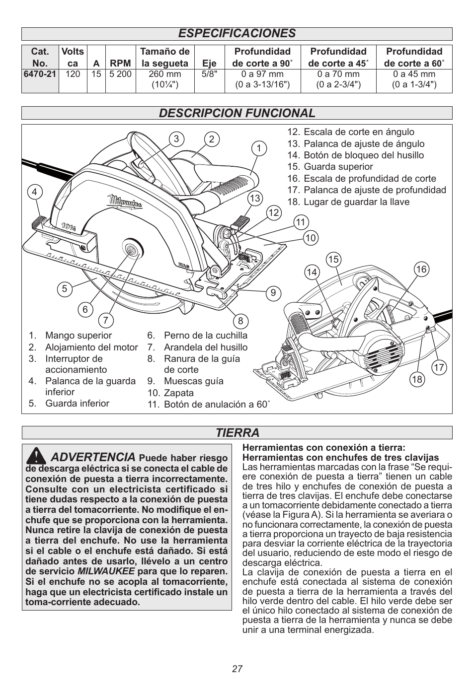 Especificaciones descripcion funcional, Advertencia, Tierra | Milwaukee Tool 6470-21 User Manual | Page 27 / 36