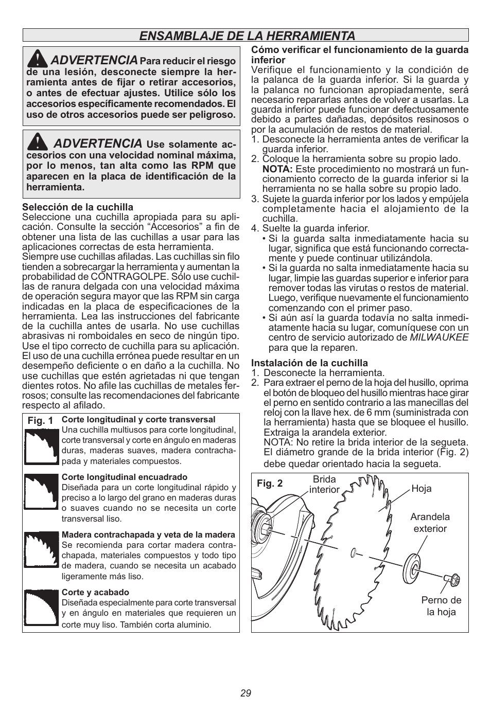 Ensamblaje de la herramienta advertencia, Advertencia | Milwaukee Tool 6470-21 User Manual | Page 29 / 36