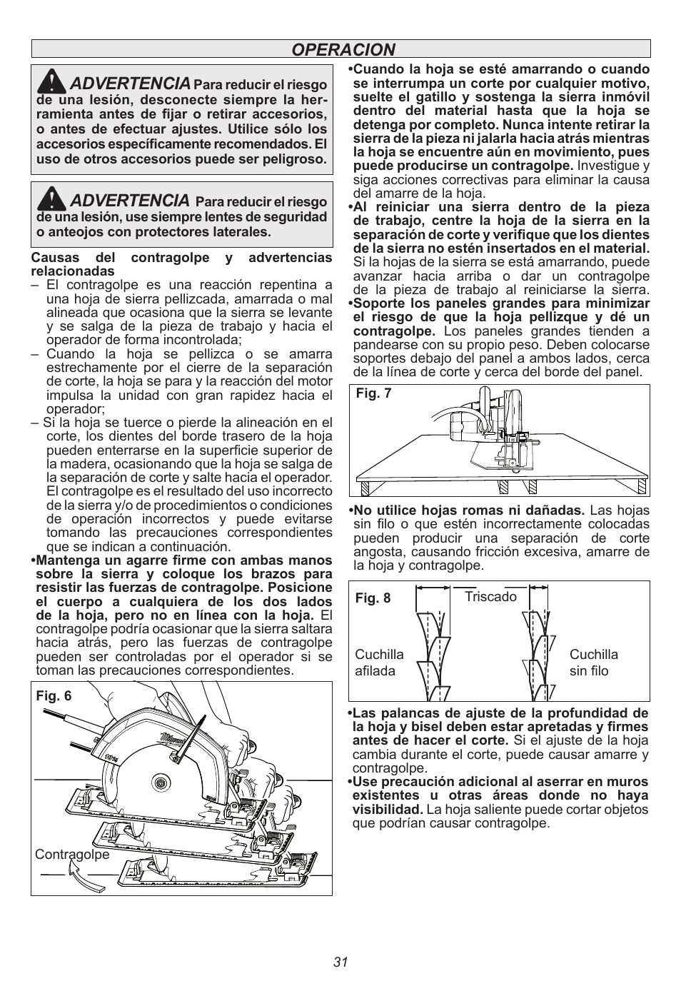 Operacion advertencia, Advertencia | Milwaukee Tool 6470-21 User Manual | Page 31 / 36