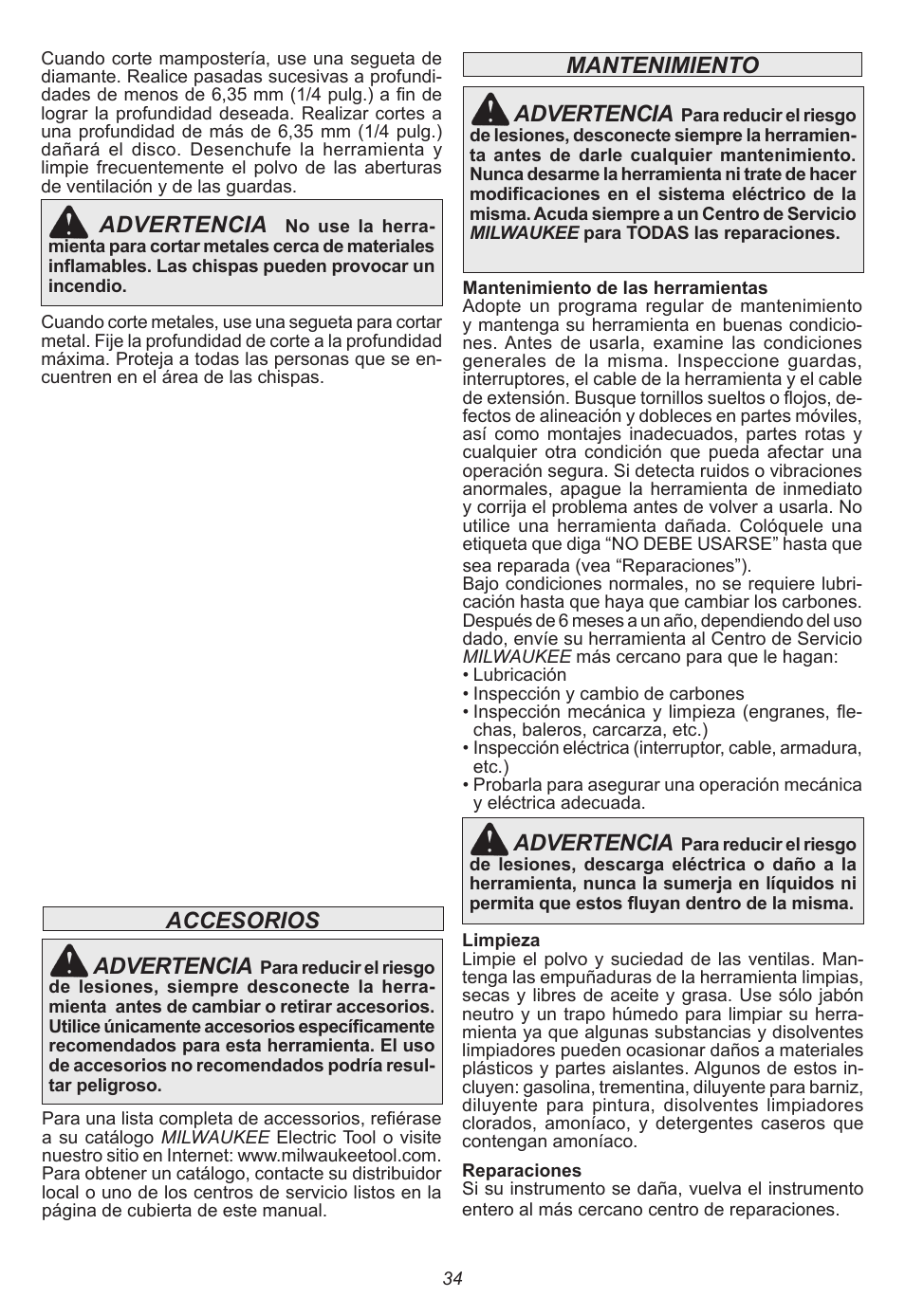 Mantenimiento advertencia, Advertencia, Accesorios advertencia | Milwaukee Tool 6470-21 User Manual | Page 34 / 36