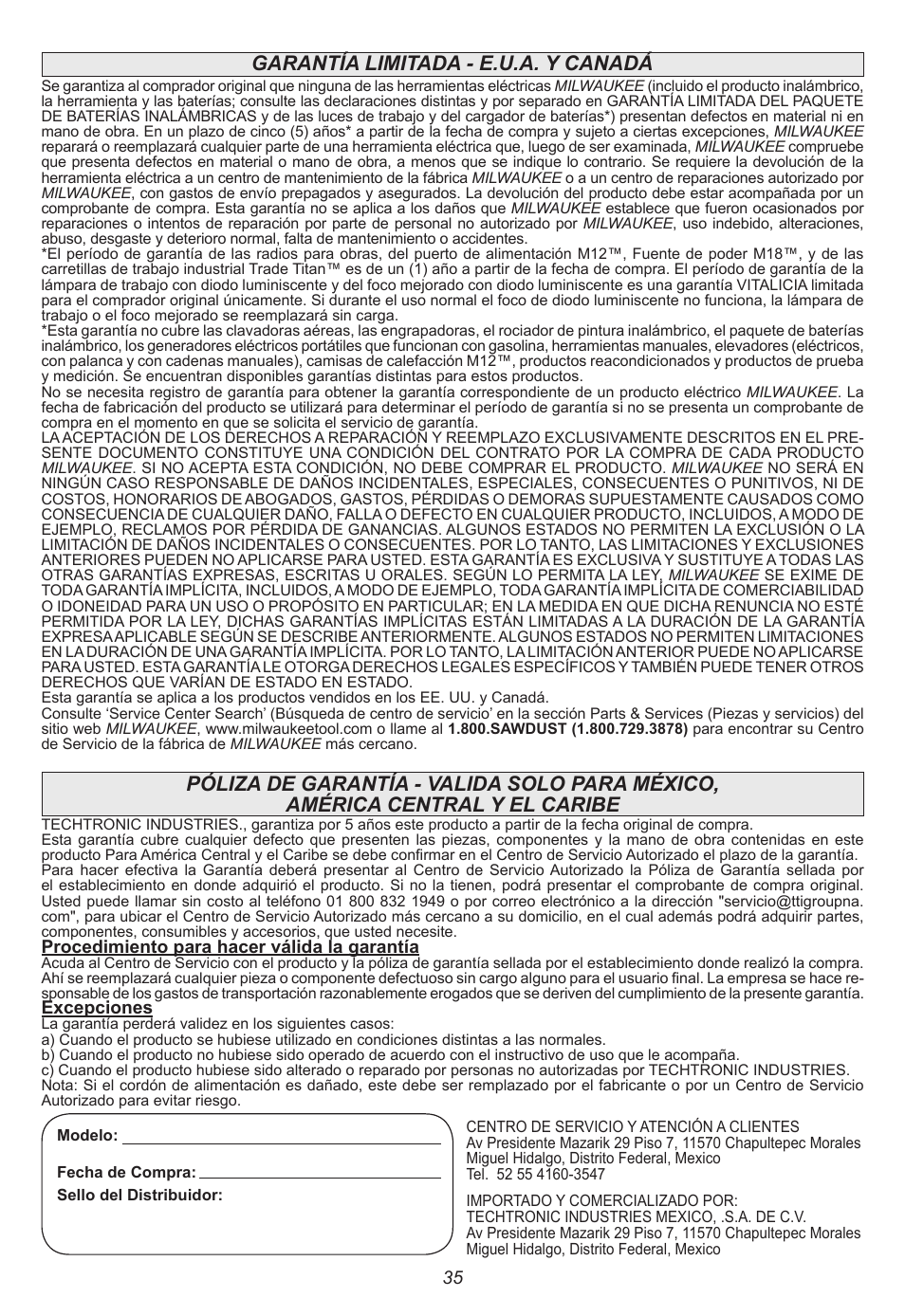 Garantía limitada - e.u.a. y canadá | Milwaukee Tool 6470-21 User Manual | Page 35 / 36