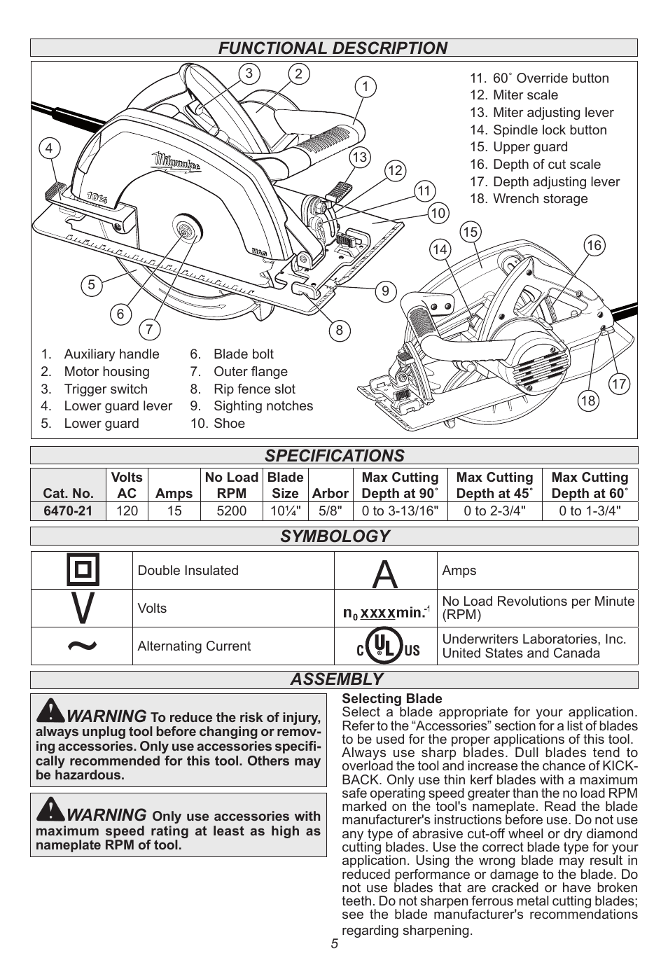Functional description, Specifications symbology assembly, Warning | Milwaukee Tool 6470-21 User Manual | Page 5 / 36