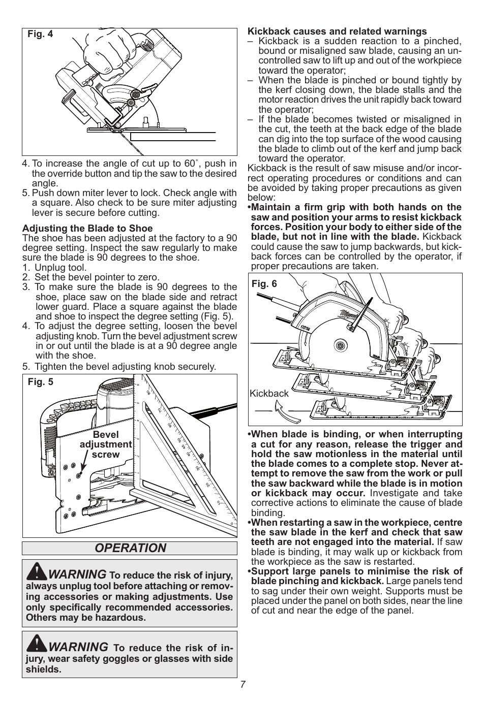 Warning, Operation | Milwaukee Tool 6470-21 User Manual | Page 7 / 36
