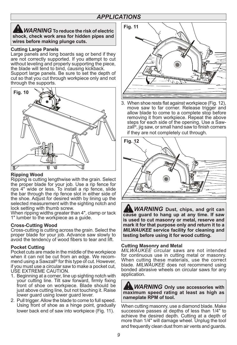 Applications warning, Warning | Milwaukee Tool 6470-21 User Manual | Page 9 / 36