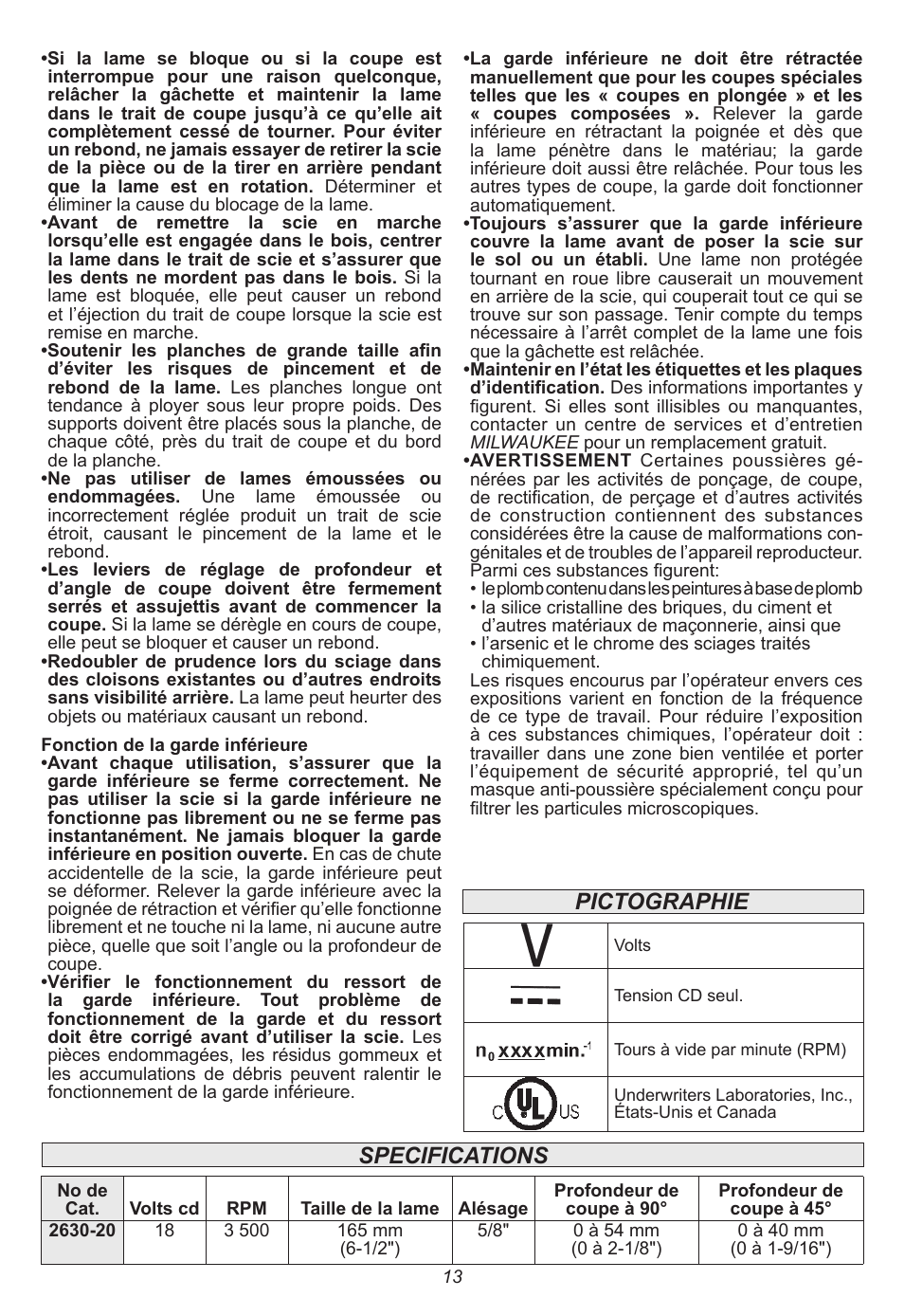 Pictographie specifications | Milwaukee Tool 2630-20 User Manual | Page 13 / 32