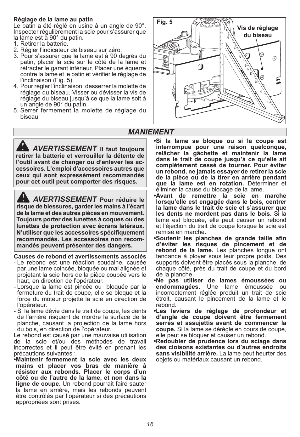 Avertissement, Maniement | Milwaukee Tool 2630-20 User Manual | Page 16 / 32