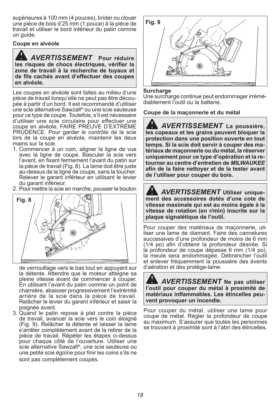 Avertissement | Milwaukee Tool 2630-20 User Manual | Page 18 / 32