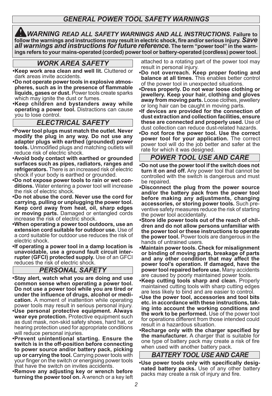 General power tool safety warnings warning, Power tool use and care | Milwaukee Tool 2630-20 User Manual | Page 2 / 32