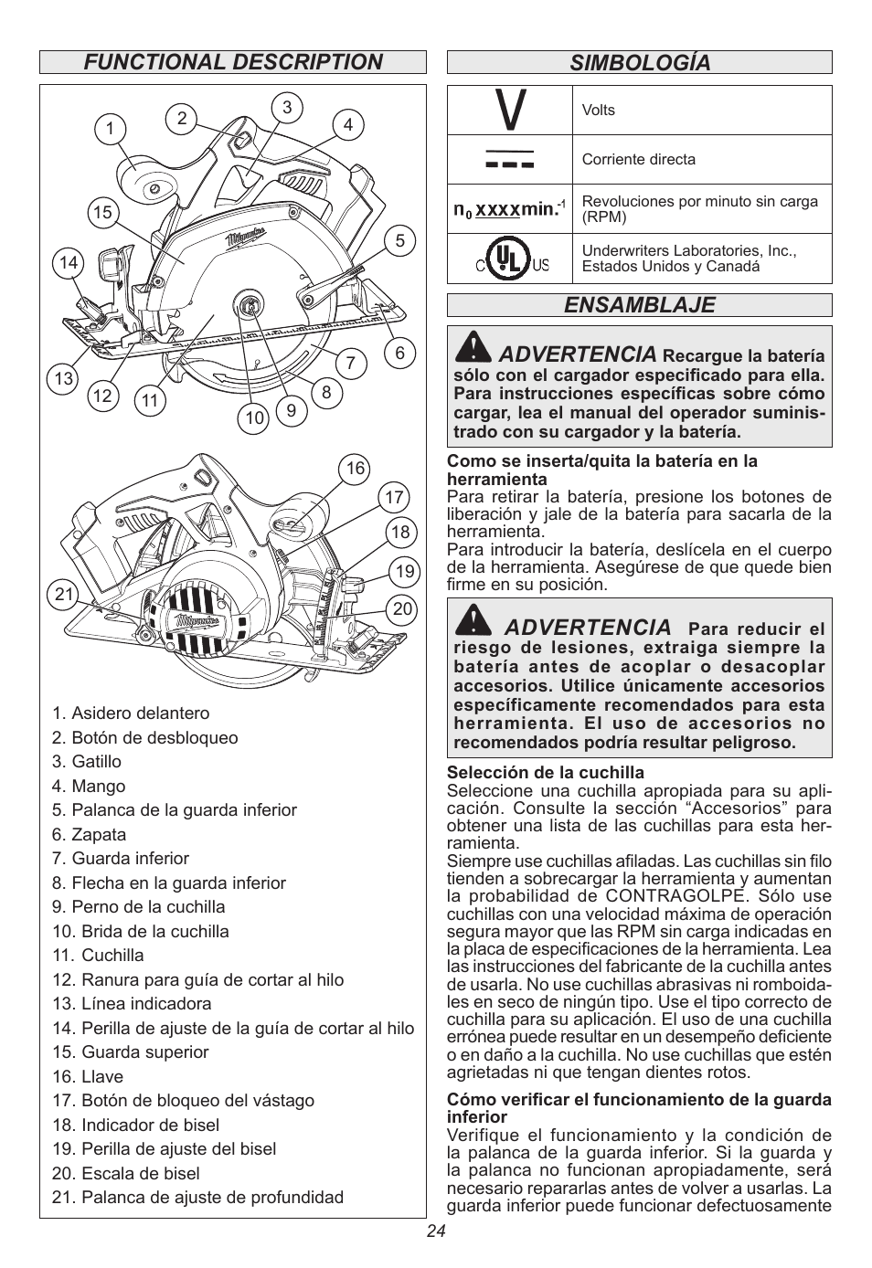 Functional description, Ensamblaje advertencia, Advertencia | Simbología | Milwaukee Tool 2630-20 User Manual | Page 24 / 32