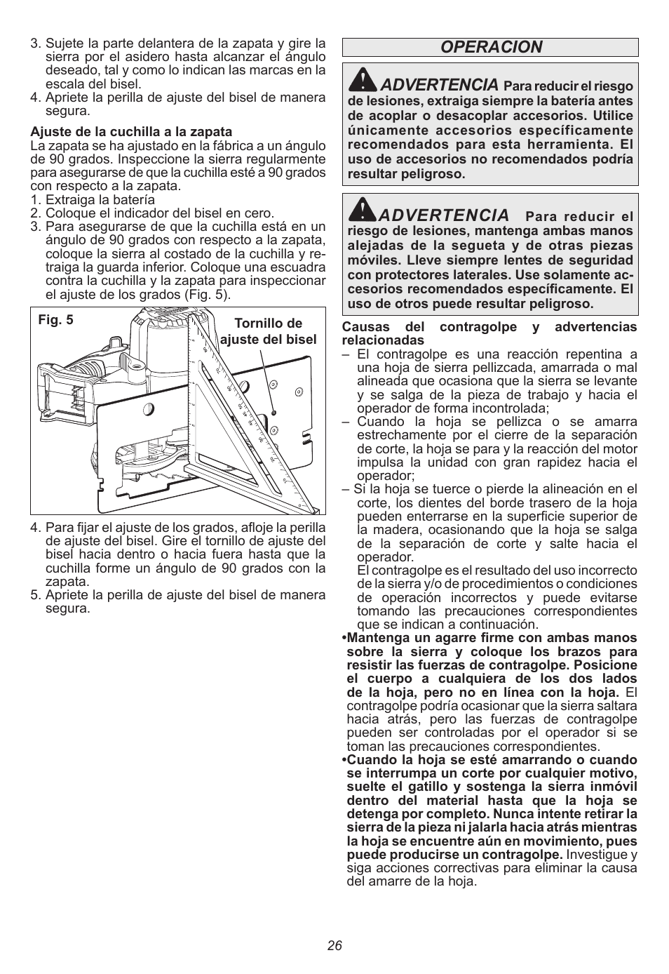 Advertencia, Operacion | Milwaukee Tool 2630-20 User Manual | Page 26 / 32