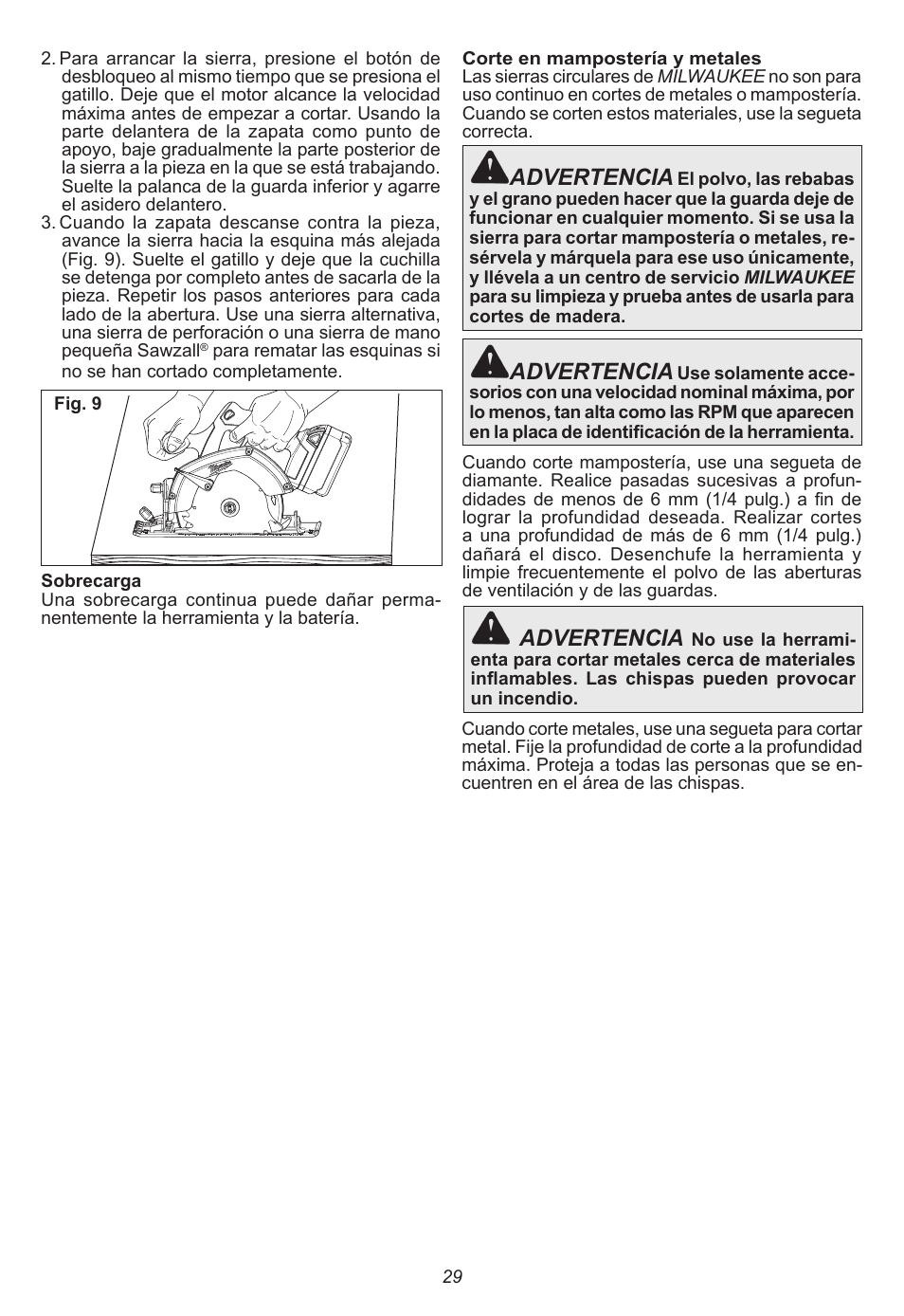 Advertencia | Milwaukee Tool 2630-20 User Manual | Page 29 / 32