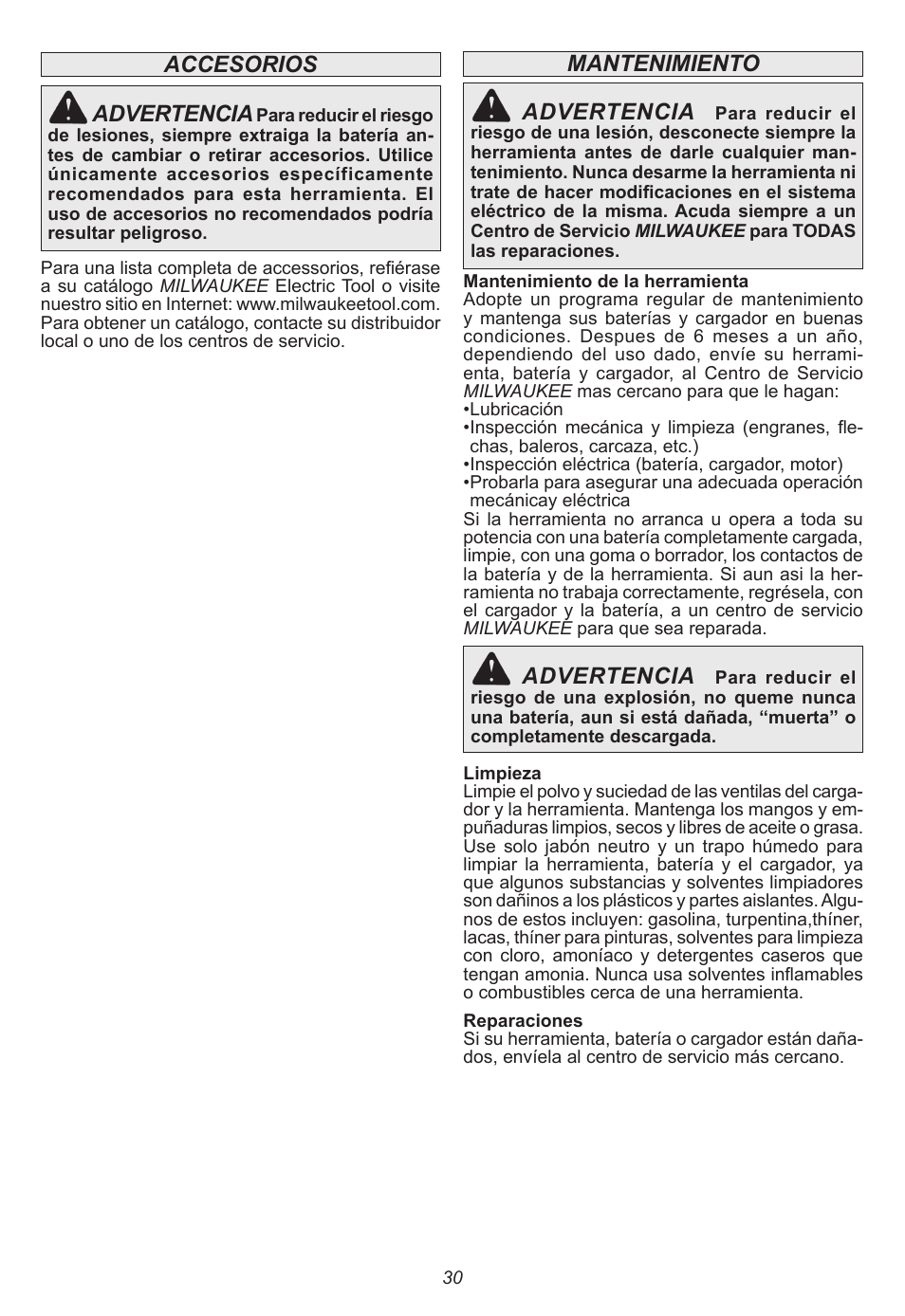 Mantenimiento advertencia, Advertencia, Accesorios advertencia | Milwaukee Tool 2630-20 User Manual | Page 30 / 32