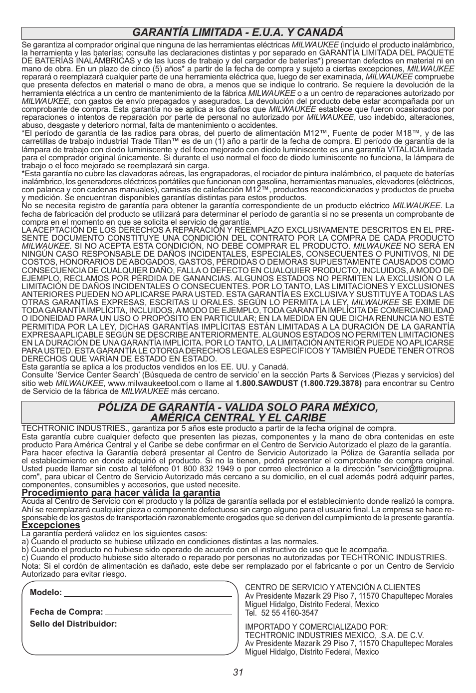 Garantía limitada - e.u.a. y canadá | Milwaukee Tool 2630-20 User Manual | Page 31 / 32