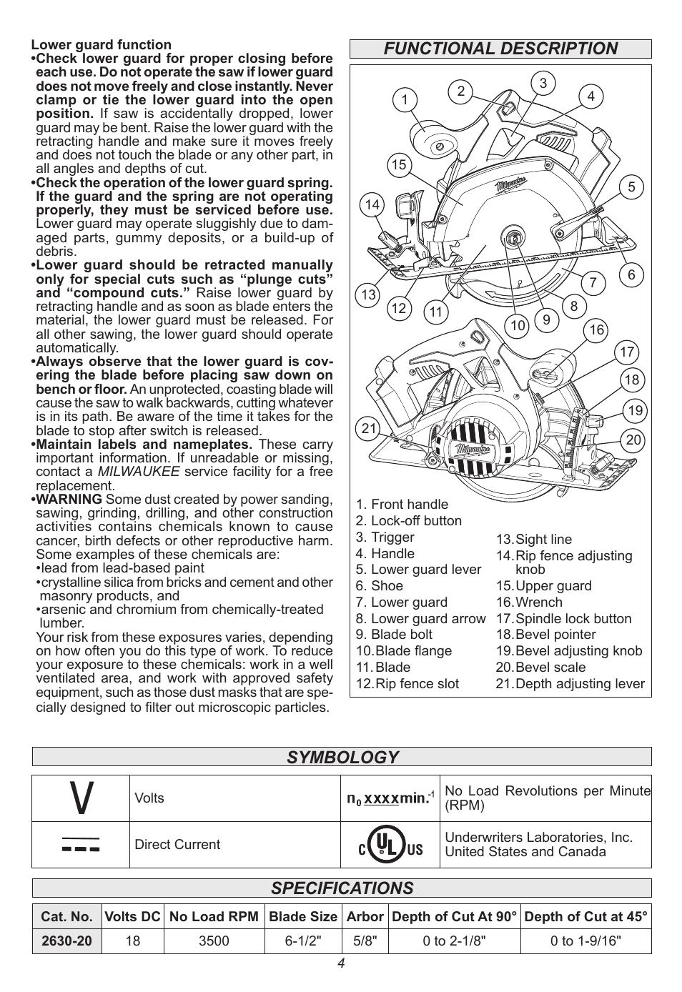 Functional description symbology specifications | Milwaukee Tool 2630-20 User Manual | Page 4 / 32