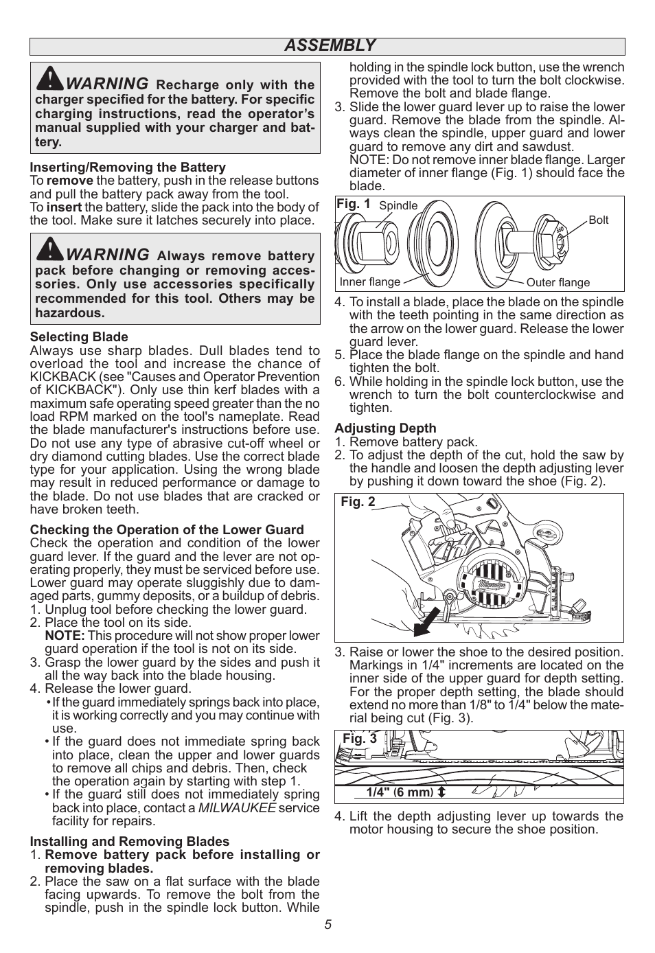 Assembly warning, Warning | Milwaukee Tool 2630-20 User Manual | Page 5 / 32