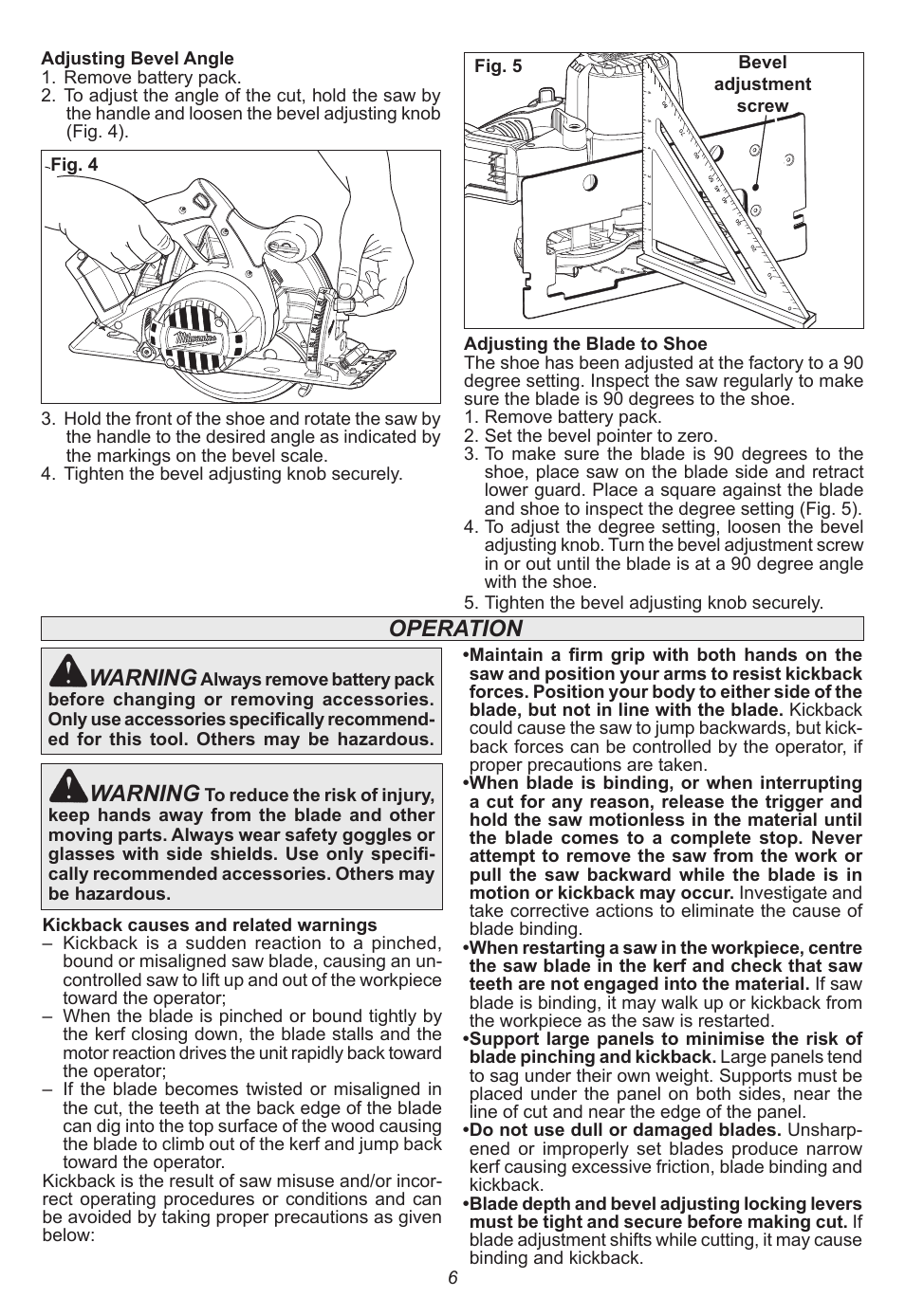 Warning, Operation | Milwaukee Tool 2630-20 User Manual | Page 6 / 32