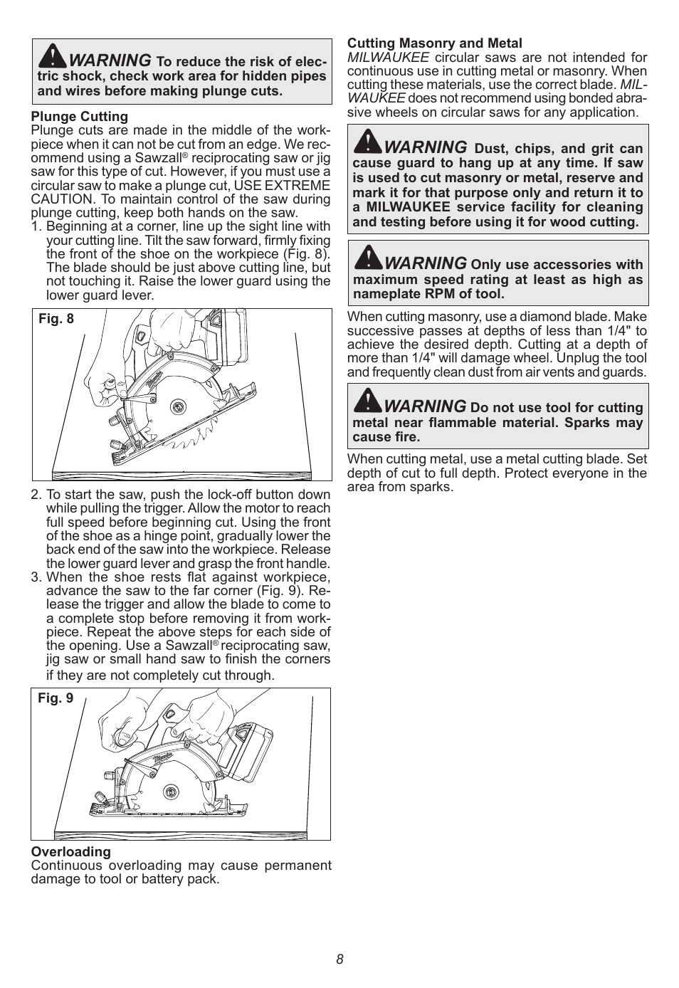 Warning | Milwaukee Tool 2630-20 User Manual | Page 8 / 32