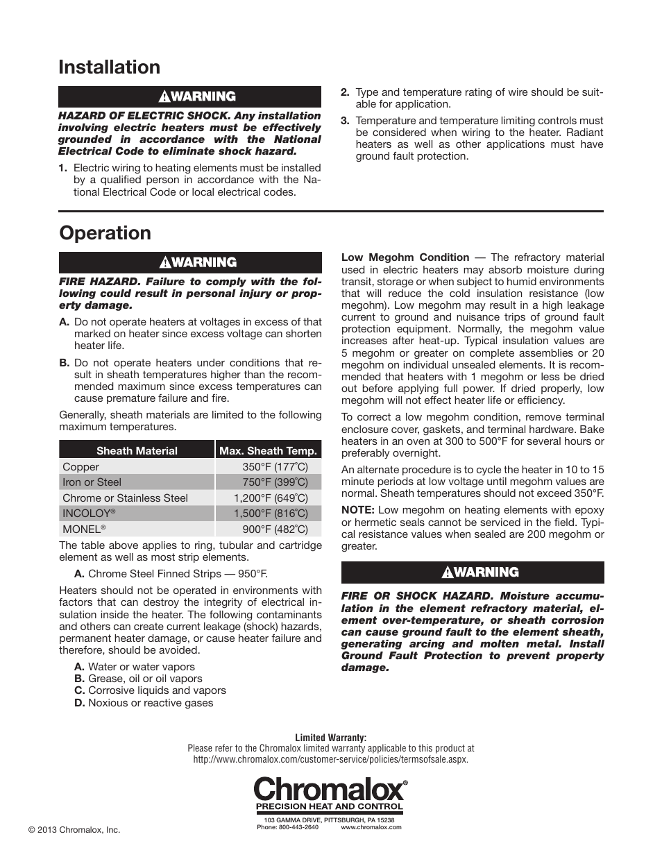 Installation, Operation | Chromalox POO401-9 User Manual | Page 2 / 2