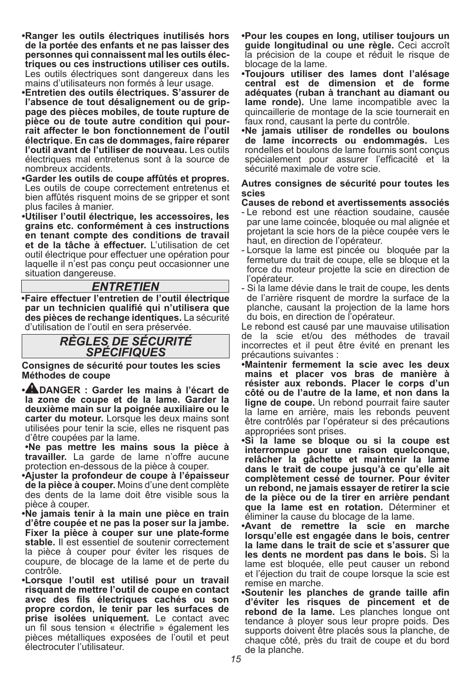 Entretien, Règles de sécurité spécifiques | Milwaukee Tool 6577-20 User Manual | Page 15 / 40