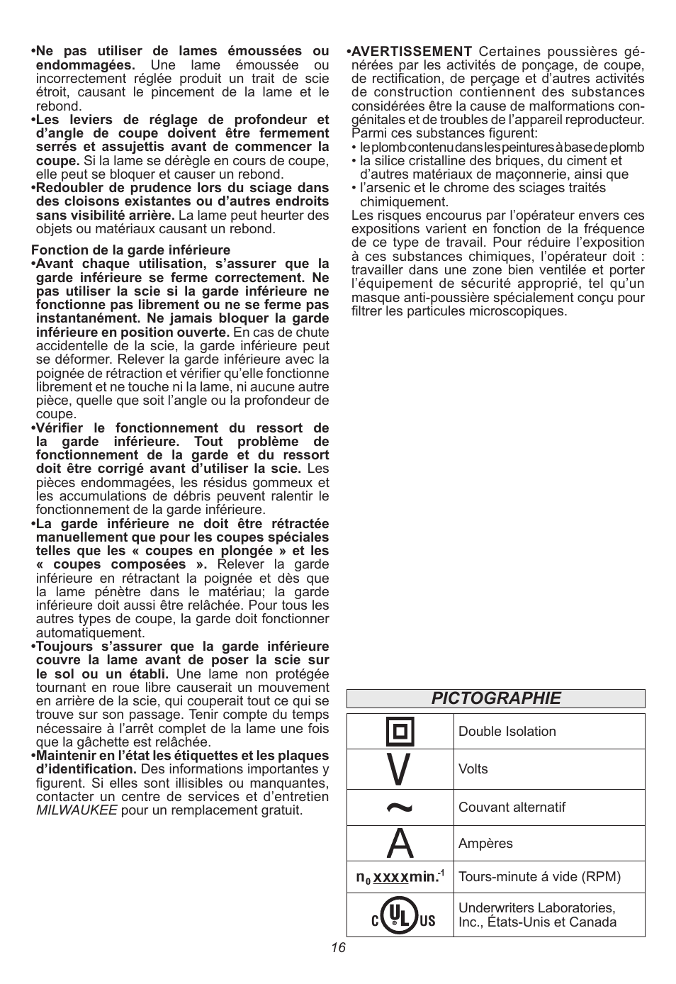 Pictographie | Milwaukee Tool 6577-20 User Manual | Page 16 / 40