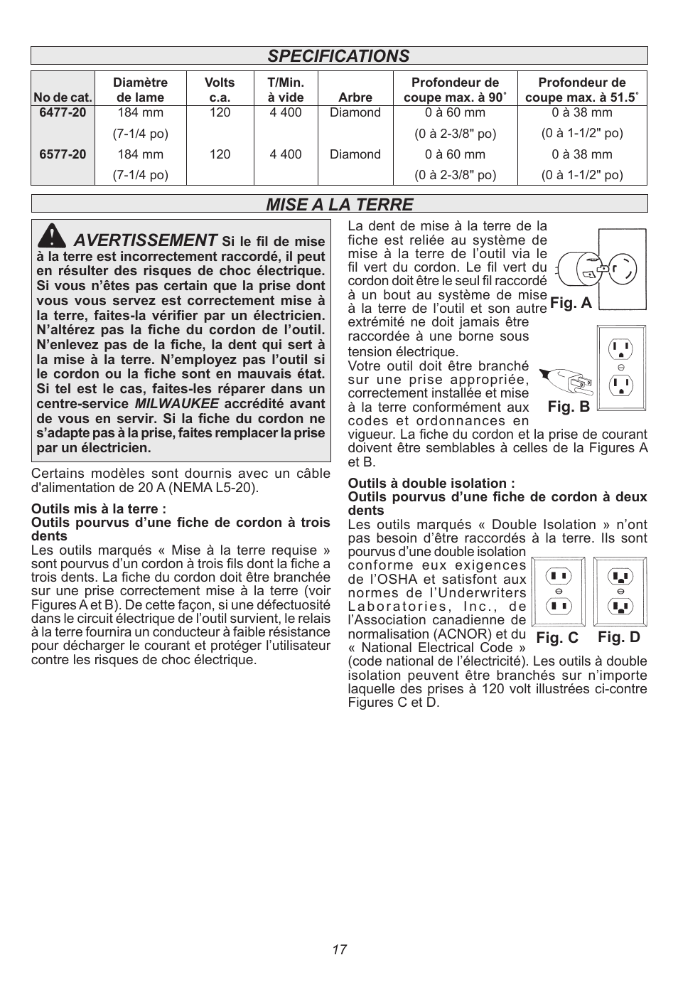 Avertissement, Mise a la terre, Specifications | Milwaukee Tool 6577-20 User Manual | Page 17 / 40