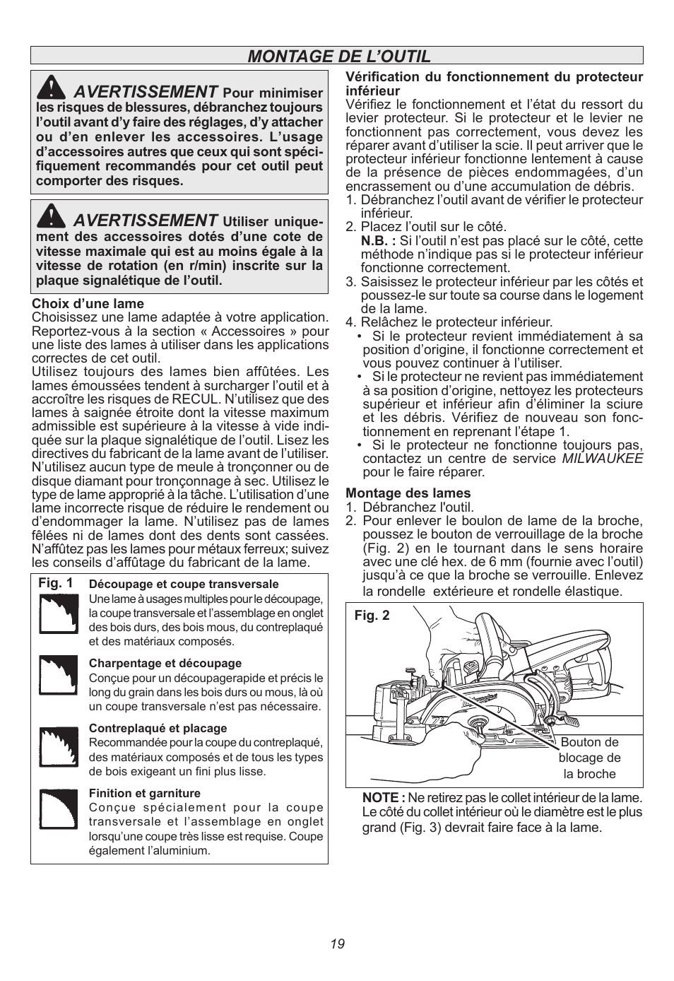 Montage de l’outil avertissement, Avertissement | Milwaukee Tool 6577-20 User Manual | Page 19 / 40