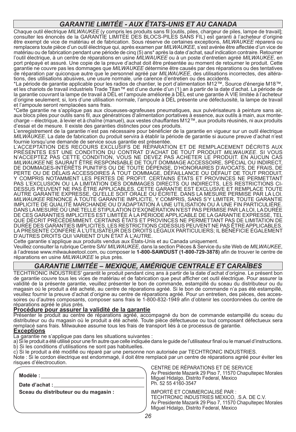 Garantie limitée - aux états-unis et au canada | Milwaukee Tool 6577-20 User Manual | Page 26 / 40