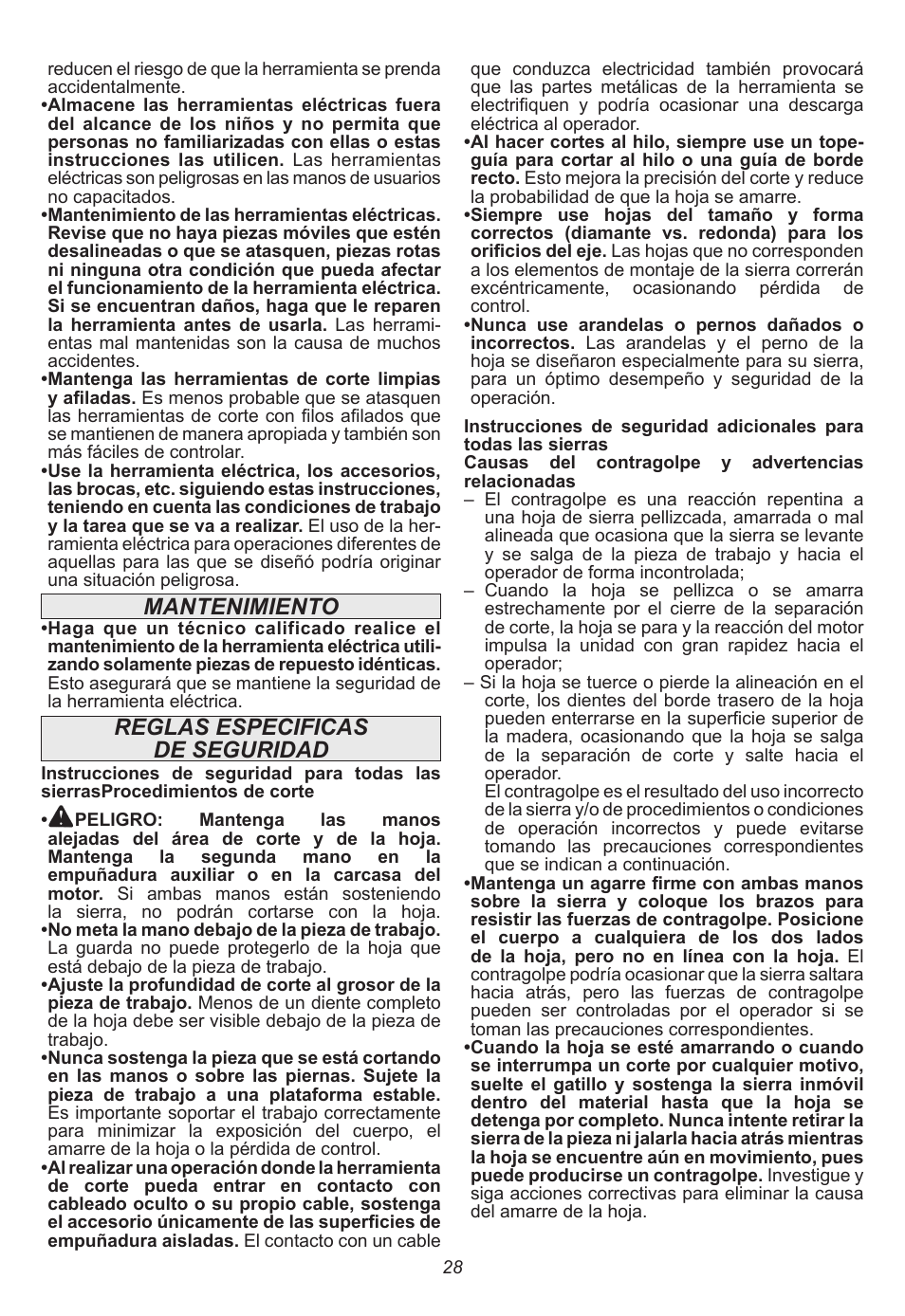 Mantenimiento, Reglas especificas de seguridad | Milwaukee Tool 6577-20 User Manual | Page 28 / 40