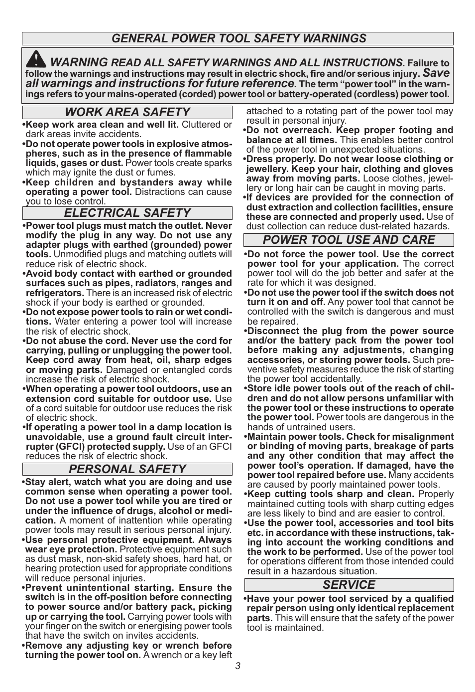 General power tool safety warnings warning, Personal safety work area safety electrical safety, Power tool use and care | Service | Milwaukee Tool 6577-20 User Manual | Page 3 / 40