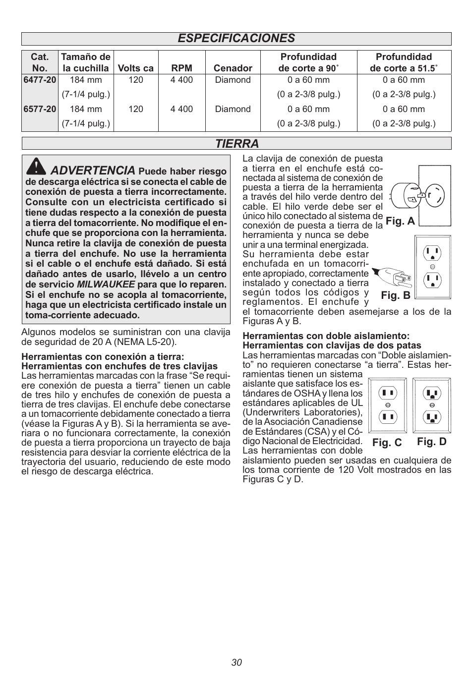 Advertencia, Tierra, Especificaciones | Milwaukee Tool 6577-20 User Manual | Page 30 / 40