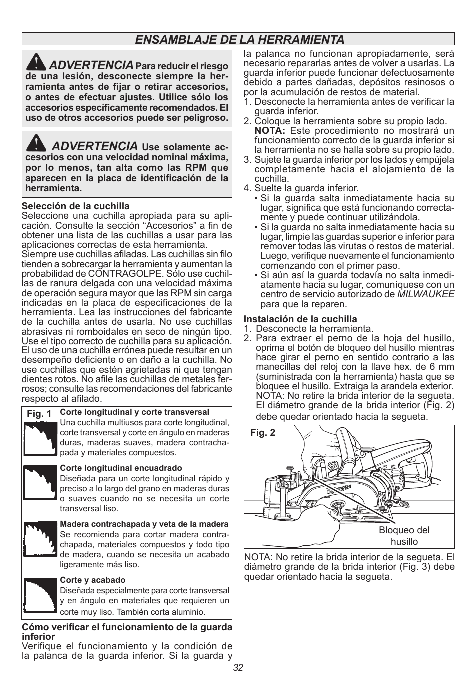 Ensamblaje de la herramienta advertencia, Advertencia | Milwaukee Tool 6577-20 User Manual | Page 32 / 40