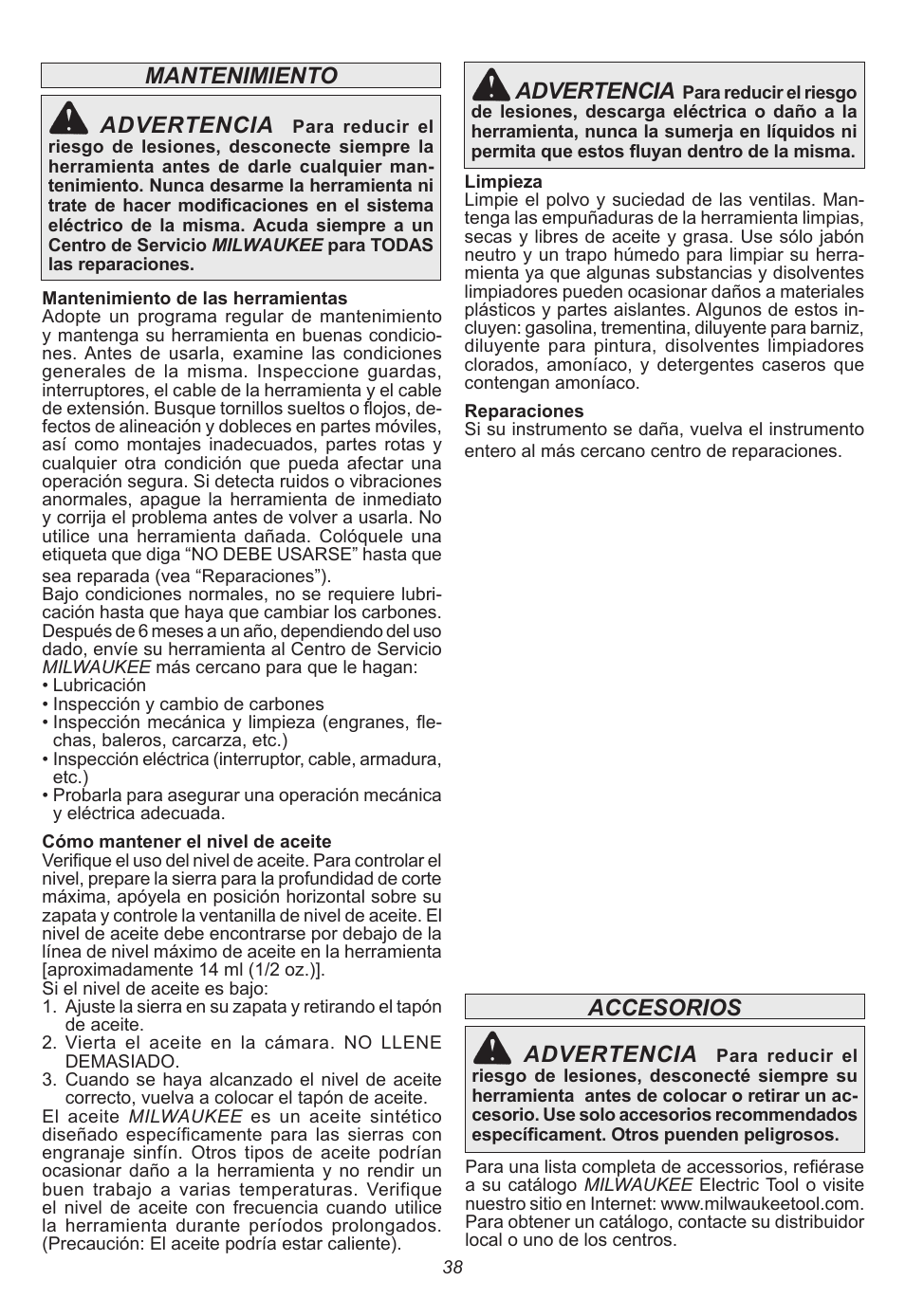 Mantenimiento advertencia, Advertencia, Accesorios advertencia | Milwaukee Tool 6577-20 User Manual | Page 38 / 40