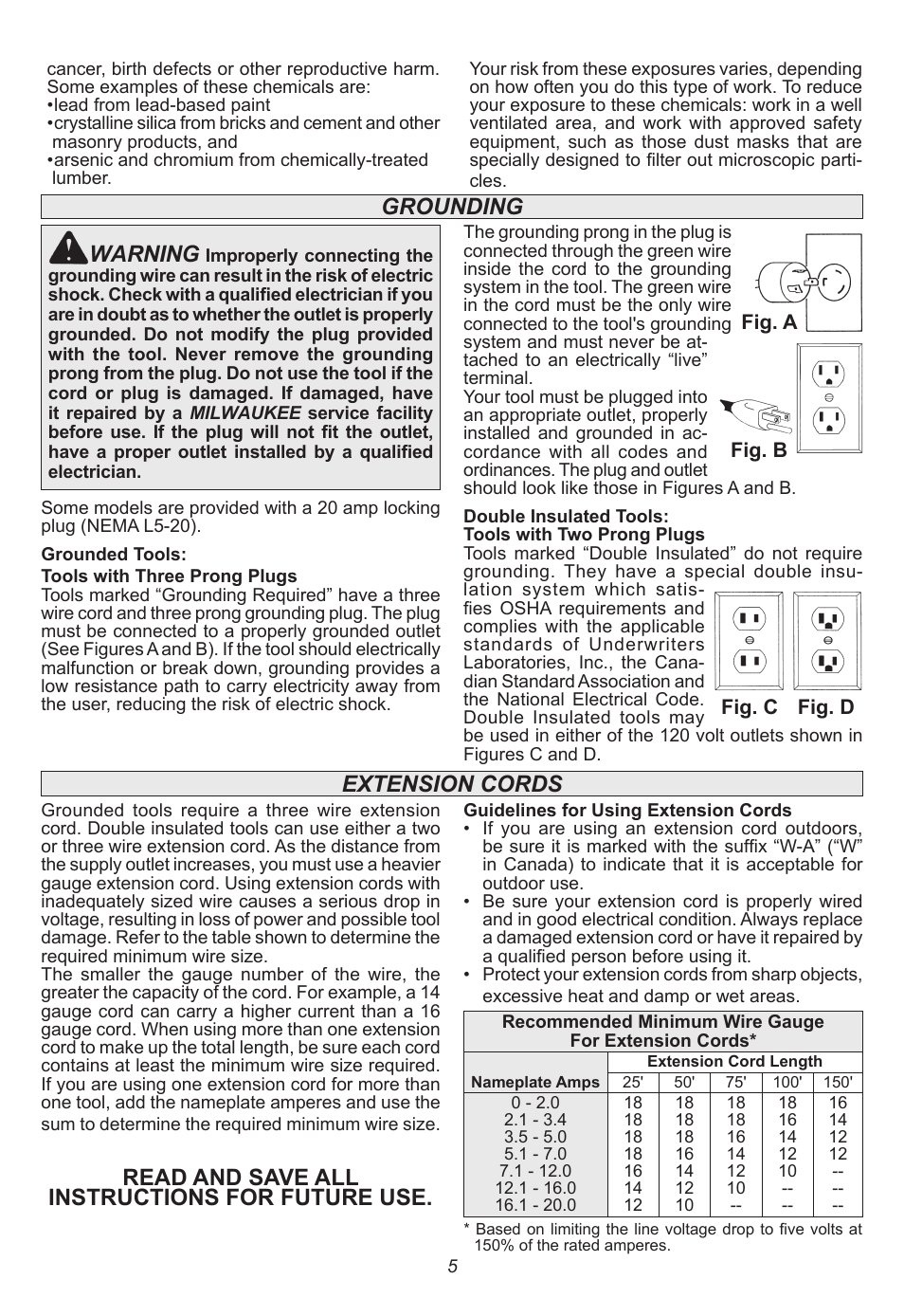 Grounding warning, Read and save all instructions for future use, Extension cords | Milwaukee Tool 6577-20 User Manual | Page 5 / 40