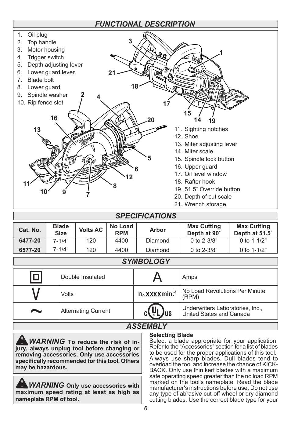 Functional description, Specifications symbology assembly, Warning | Milwaukee Tool 6577-20 User Manual | Page 6 / 40