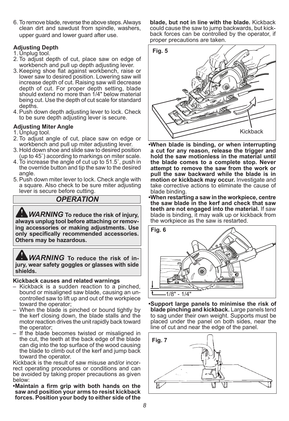 Operation, Warning | Milwaukee Tool 6577-20 User Manual | Page 8 / 40