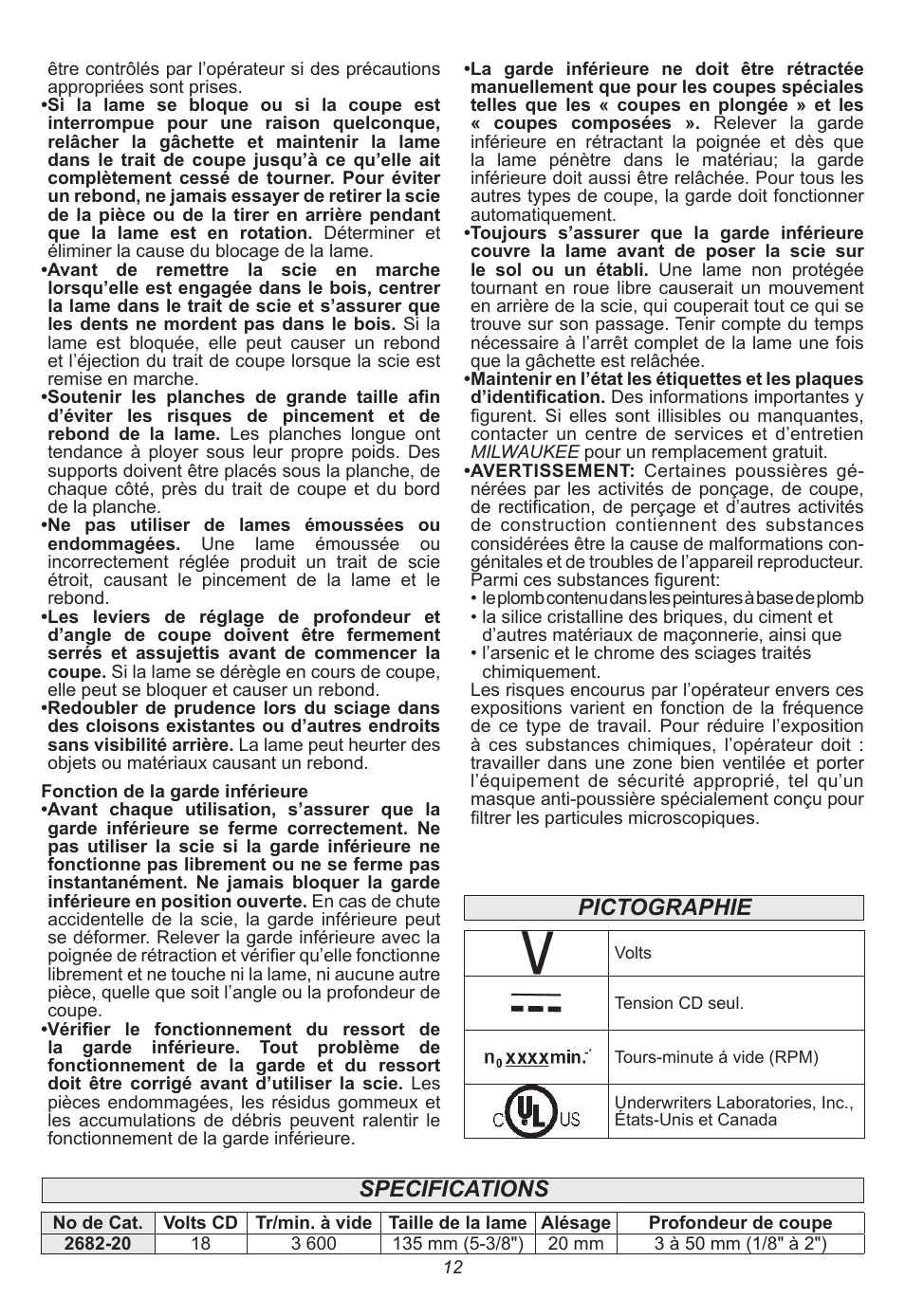 Pictographie, Specifications | Milwaukee Tool 2682-20 User Manual | Page 12 / 28