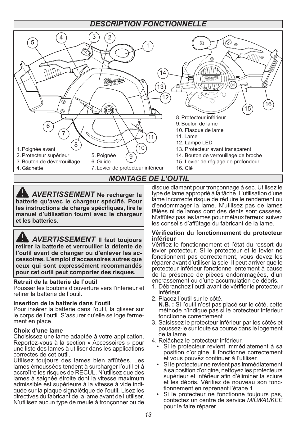 Description fonctionnelle, Avertissement, Montage de l’outil avertissement | Milwaukee Tool 2682-20 User Manual | Page 13 / 28