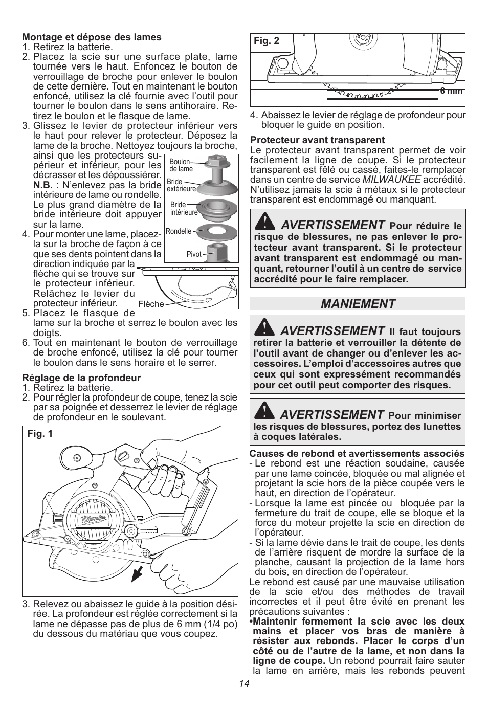 Maniement avertissement, Avertissement | Milwaukee Tool 2682-20 User Manual | Page 14 / 28