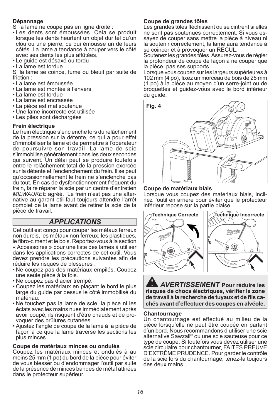 Applications, Avertissement | Milwaukee Tool 2682-20 User Manual | Page 16 / 28