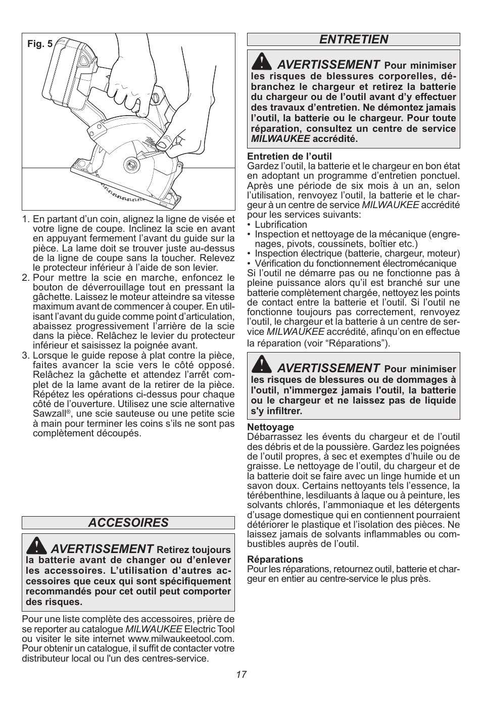 Entretien avertissement, Avertissement, Accesoires avertissement | Milwaukee Tool 2682-20 User Manual | Page 17 / 28