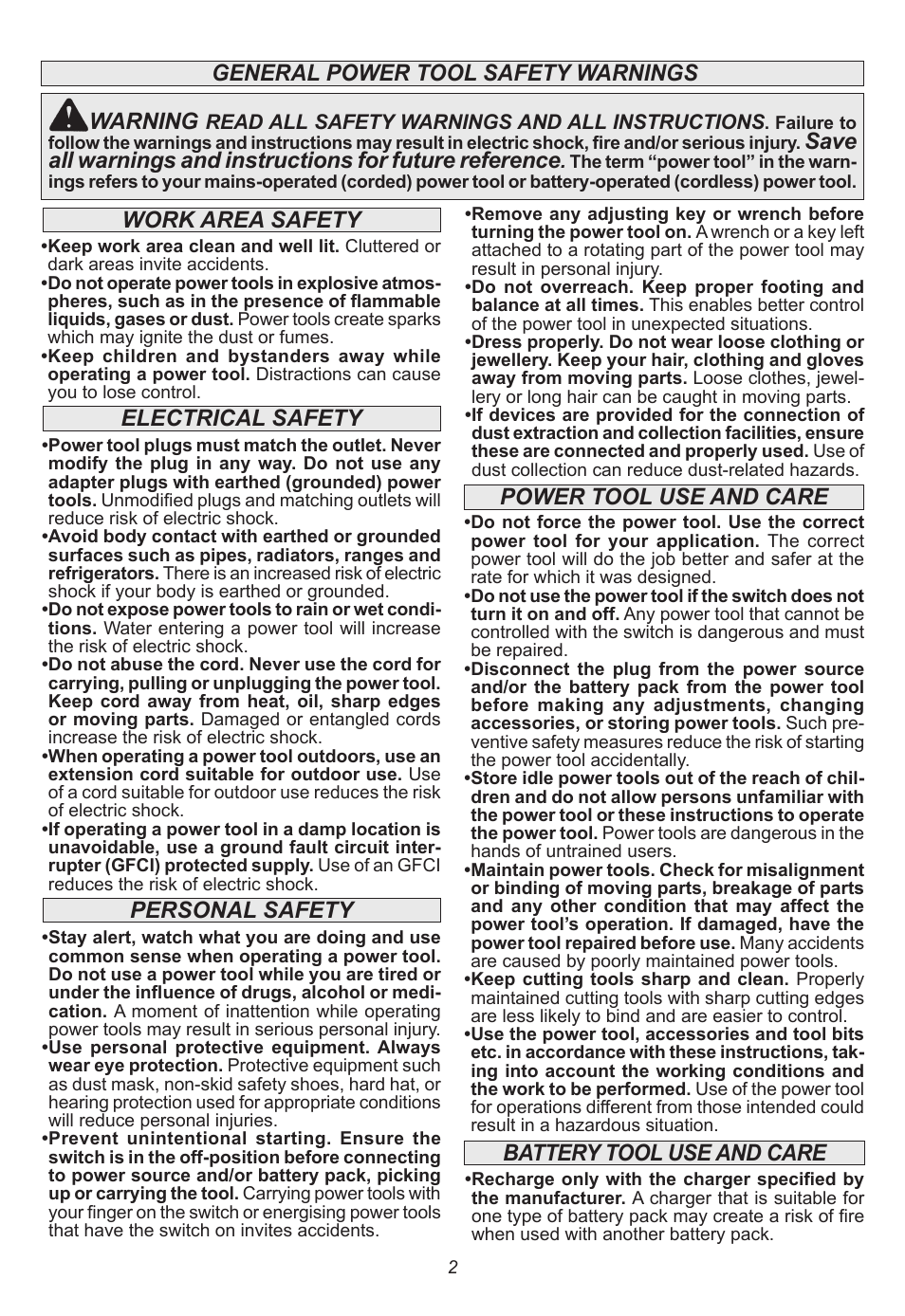 General power tool safety warnings warning, Power tool use and care | Milwaukee Tool 2682-20 User Manual | Page 2 / 28