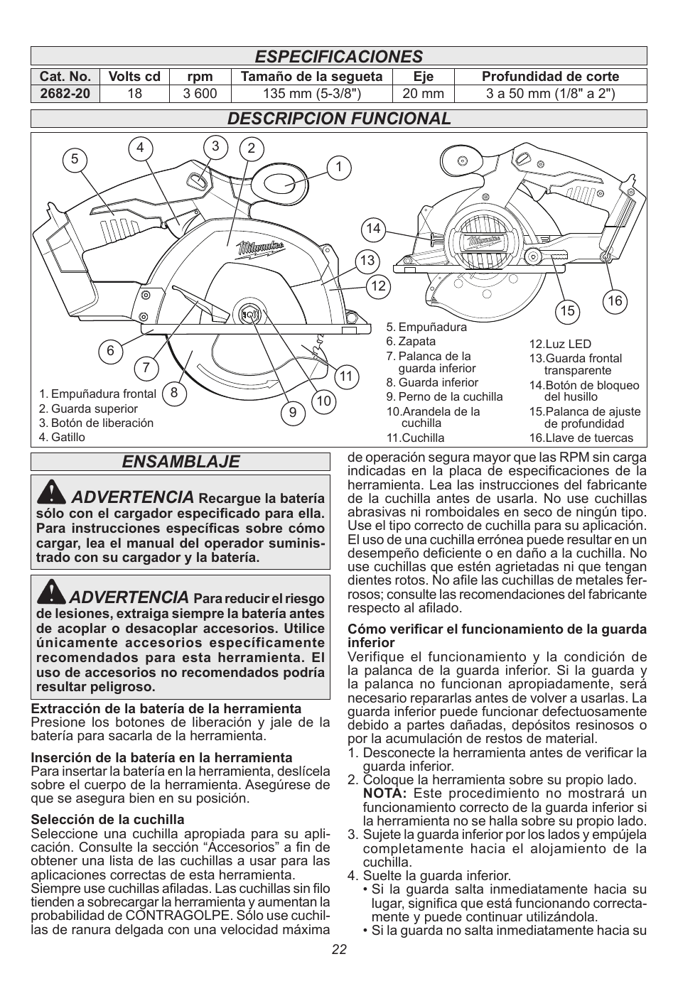 Descripcion funcional ensamblaje advertencia, Advertencia, Especificaciones | Milwaukee Tool 2682-20 User Manual | Page 22 / 28