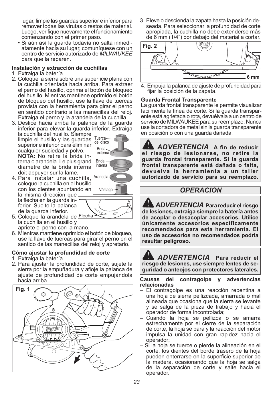 Operacion advertencia, Advertencia | Milwaukee Tool 2682-20 User Manual | Page 23 / 28