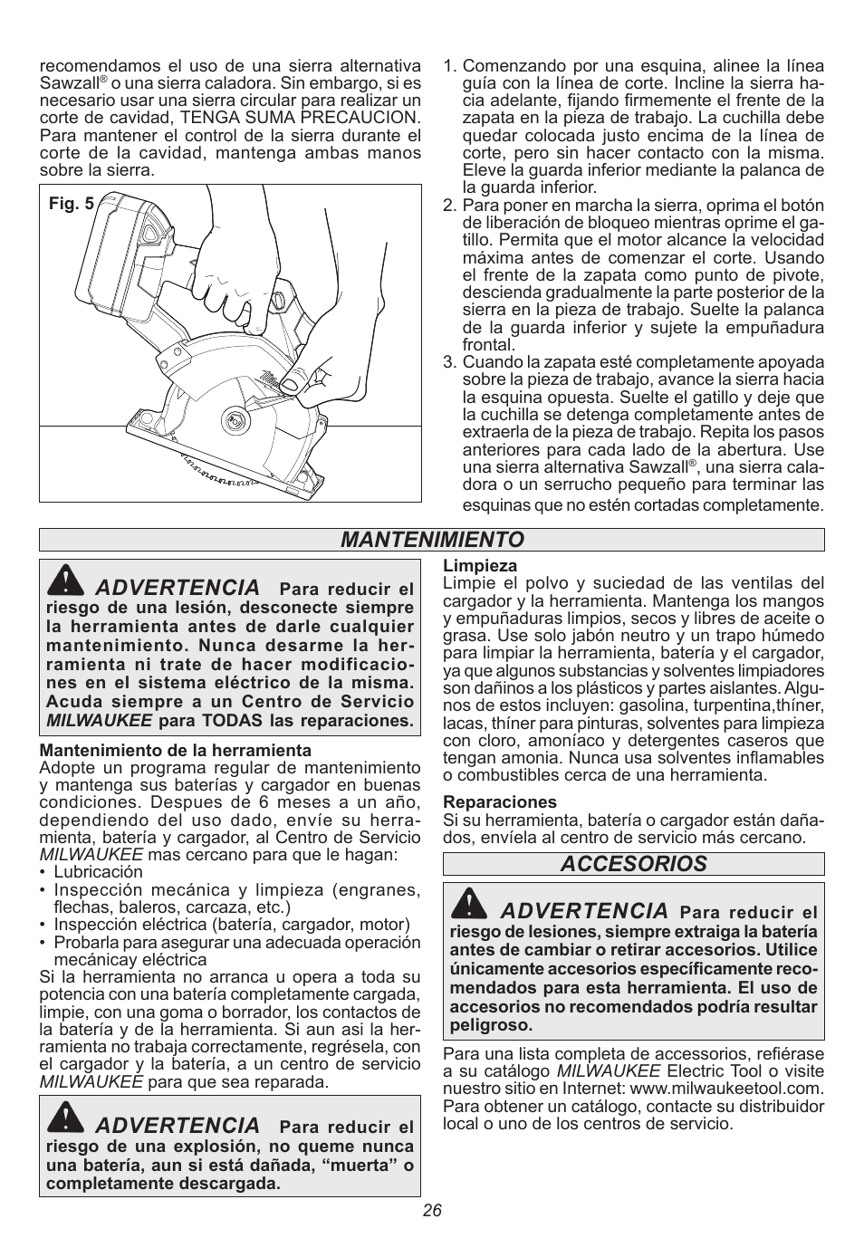 Mantenimiento advertencia, Advertencia, Accesorios advertencia | Milwaukee Tool 2682-20 User Manual | Page 26 / 28