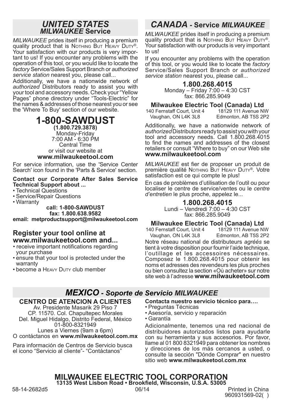 800-sawdust, United states, Canada | Mexico, Milwaukee electric tool corporation, Milwaukee service, Service milwaukee, Soporte de servicio milwaukee | Milwaukee Tool 2682-20 User Manual | Page 28 / 28