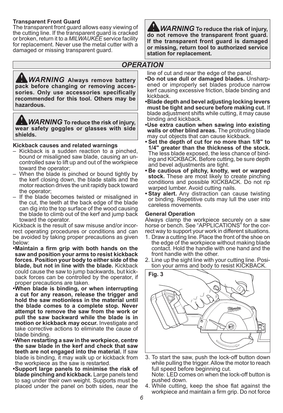 Operation warning, Warning | Milwaukee Tool 2682-20 User Manual | Page 6 / 28